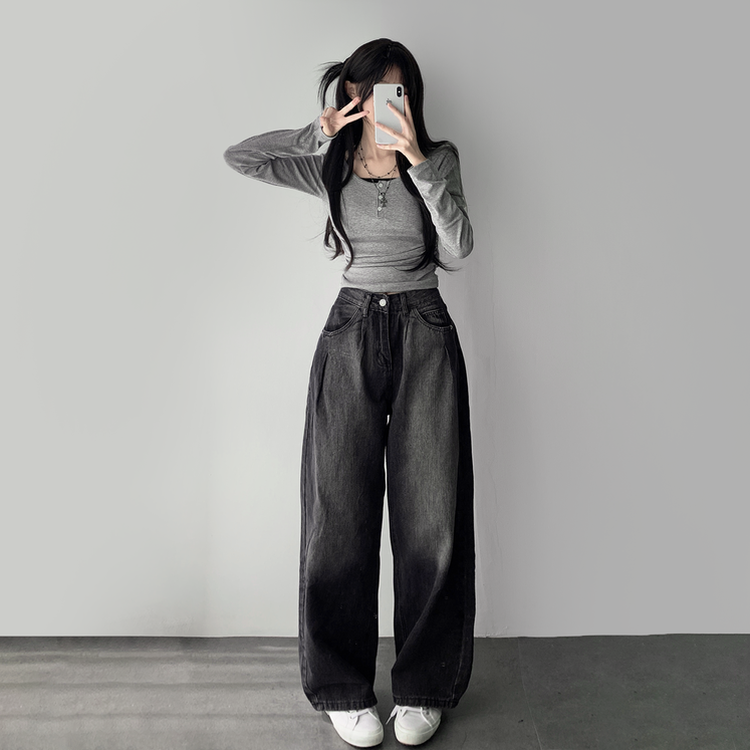 ウォッシングワイドロングデニムジーンズ BLACK DENIM