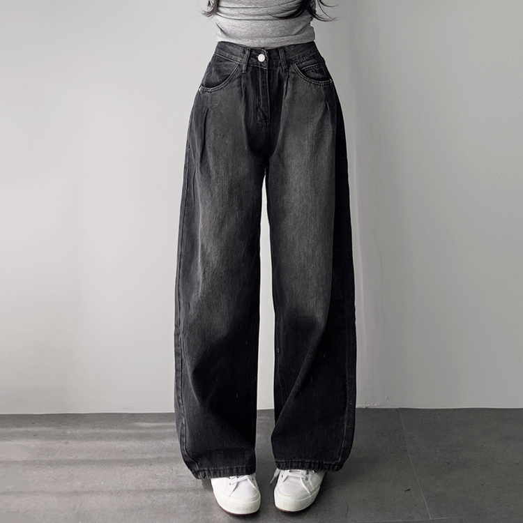 ウォッシングワイドロングデニムジーンズ BLACK DENIM