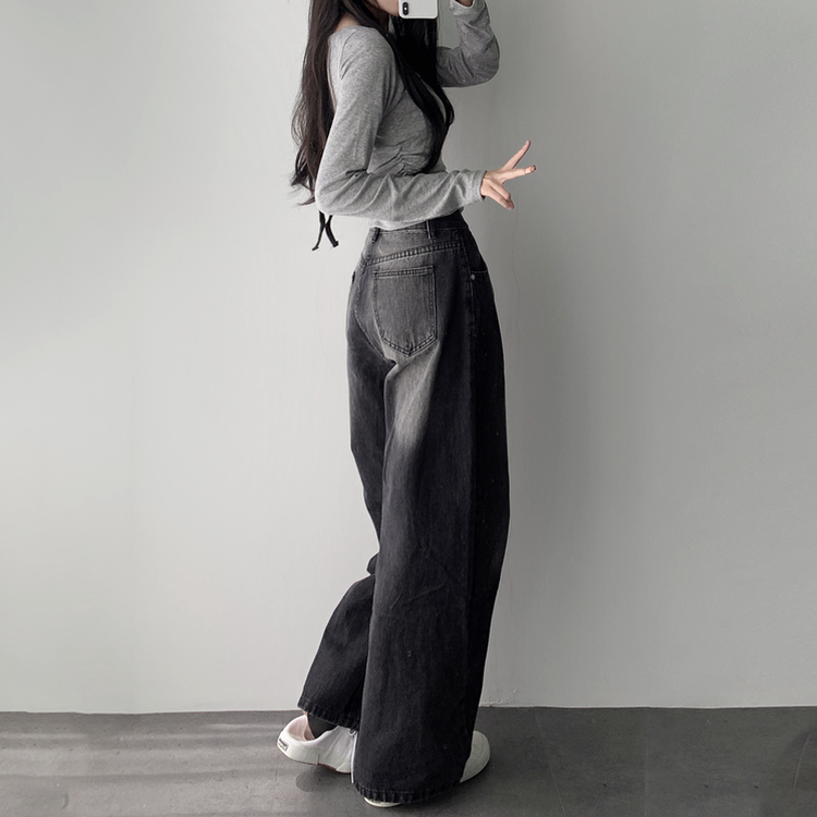 ウォッシングワイドロングデニムジーンズ BLACK DENIM
