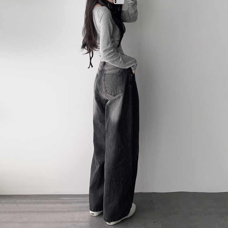 ウォッシングワイドロングデニムジーンズ BLACK DENIM