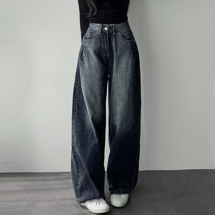 ウォッシングワイドロングデニムジーンズ DARK DENIM