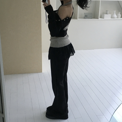 スナップボタンバッグホールオフ長袖Tシャツ BLACK