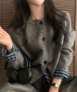 몰리 체크 레이어드 배색 니트 가디건 5color 그레이