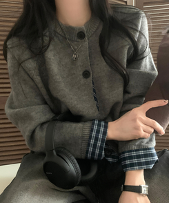 몰리 체크 레이어드 배색 니트 가디건 5color 그레이