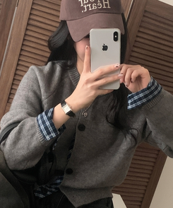 몰리 체크 레이어드 배색 니트 가디건 5color 그레이