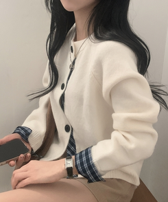 몰리 체크 레이어드 배색 니트 가디건 5color 아이보리
