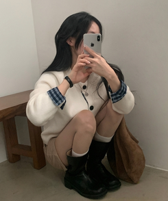 몰리 체크 레이어드 배색 니트 가디건 5color 아이보리