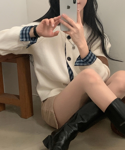 몰리 체크 레이어드 배색 니트 가디건 5color 아이보리
