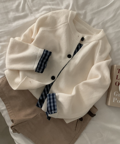 몰리 체크 레이어드 배색 니트 가디건 5color 아이보리