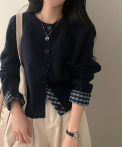 몰리 체크 레이어드 배색 니트 가디건 5color 네이비
