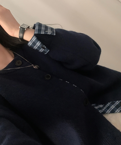 몰리 체크 레이어드 배색 니트 가디건 5color 네이비