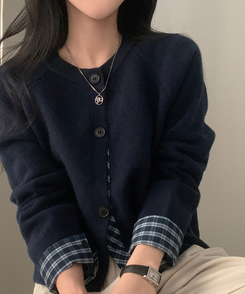 몰리 체크 레이어드 배색 니트 가디건 5color 네이비
