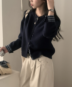 몰리 체크 레이어드 배색 니트 가디건 5color 네이비