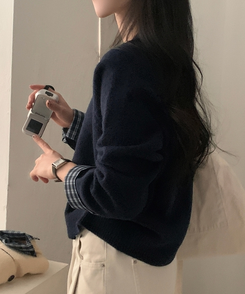 몰리 체크 레이어드 배색 니트 가디건 5color 네이비