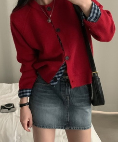 몰리 체크 레이어드 배색 니트 가디건 5color 레드