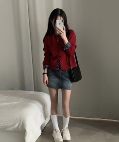 몰리 체크 레이어드 배색 니트 가디건 5color 레드