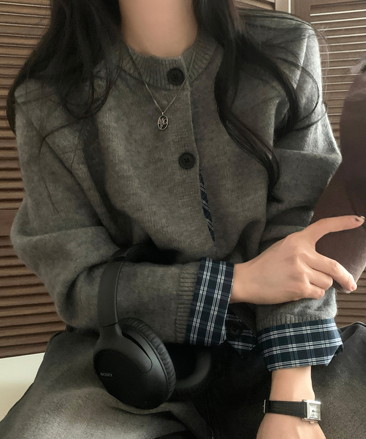 몰리 체크 레이어드 배색 니트 가디건 5color 그레이