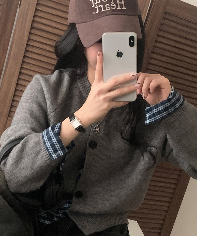몰리 체크 레이어드 배색 니트 가디건 5color 그레이