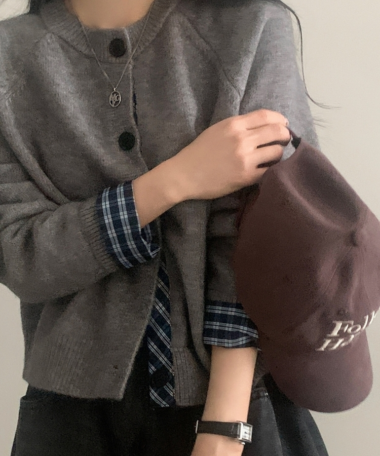 몰리 체크 레이어드 배색 니트 가디건 5color 그레이