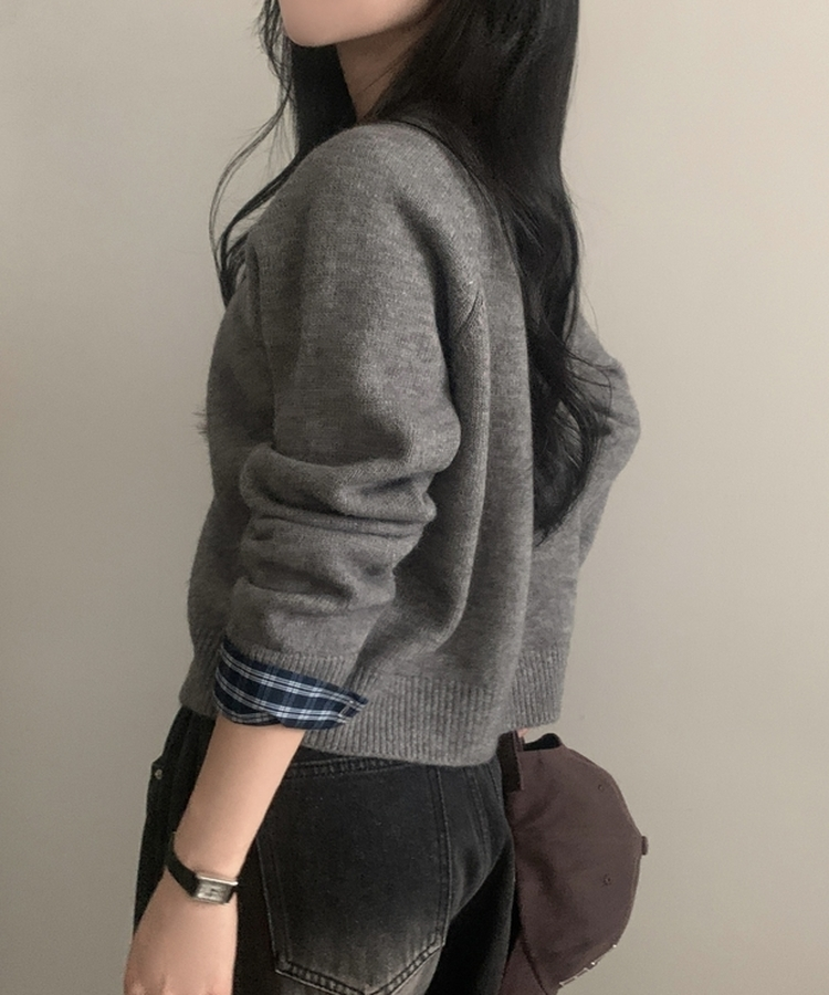몰리 체크 레이어드 배색 니트 가디건 5color 그레이