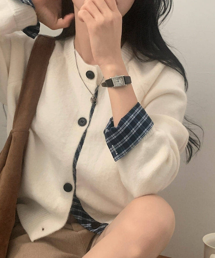 몰리 체크 레이어드 배색 니트 가디건 5color 아이보리