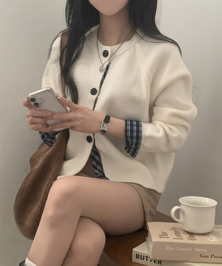 몰리 체크 레이어드 배색 니트 가디건 5color 아이보리