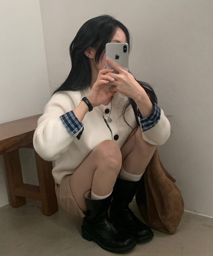 몰리 체크 레이어드 배색 니트 가디건 5color 아이보리