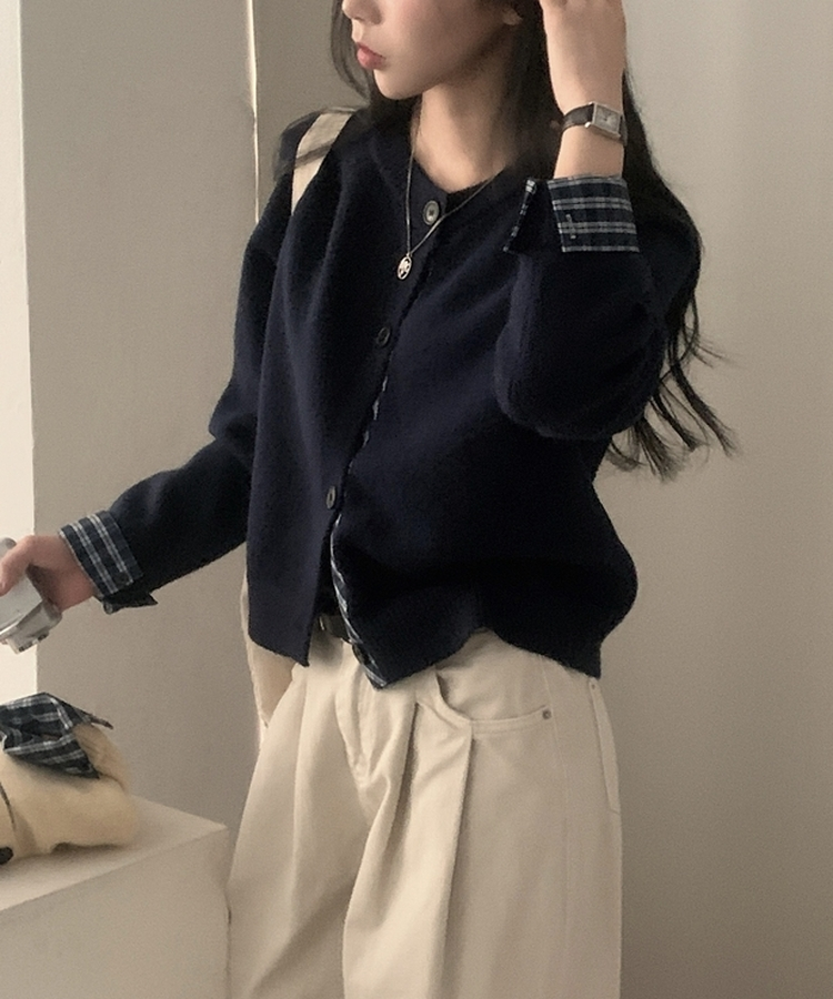 몰리 체크 레이어드 배색 니트 가디건 5color 네이비
