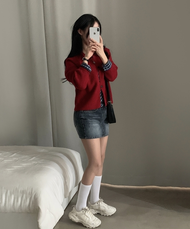 몰리 체크 레이어드 배색 니트 가디건 5color 레드