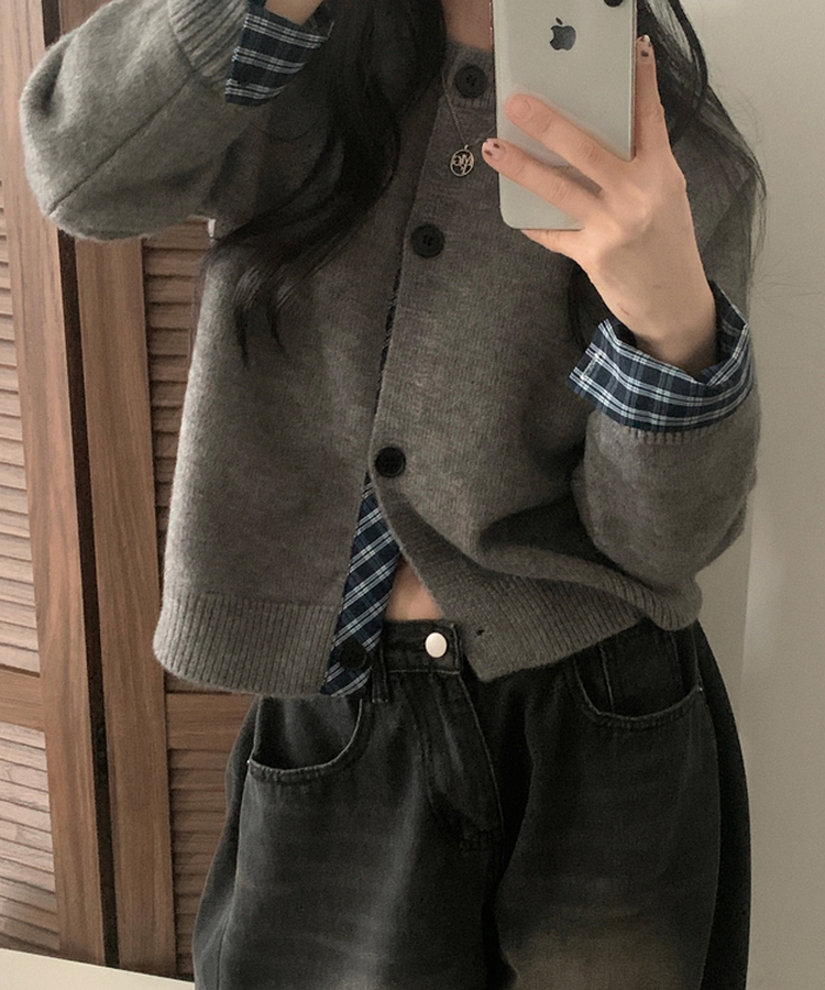 チェックレイヤードバイカラーニットカーディガン(5color) GREY
