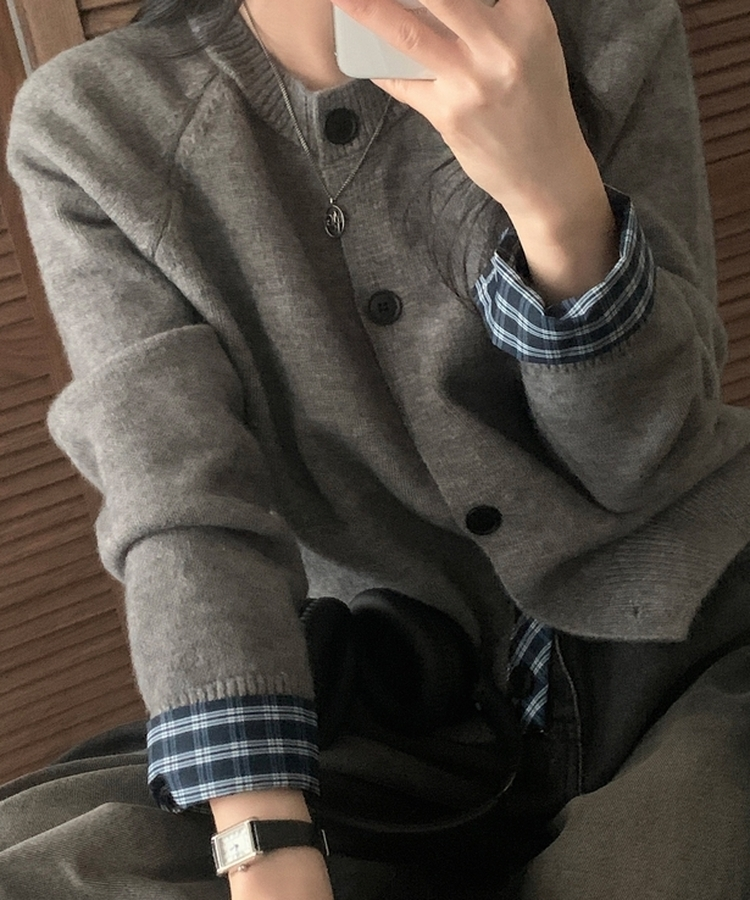 チェックレイヤードバイカラーニットカーディガン(5color) GREY