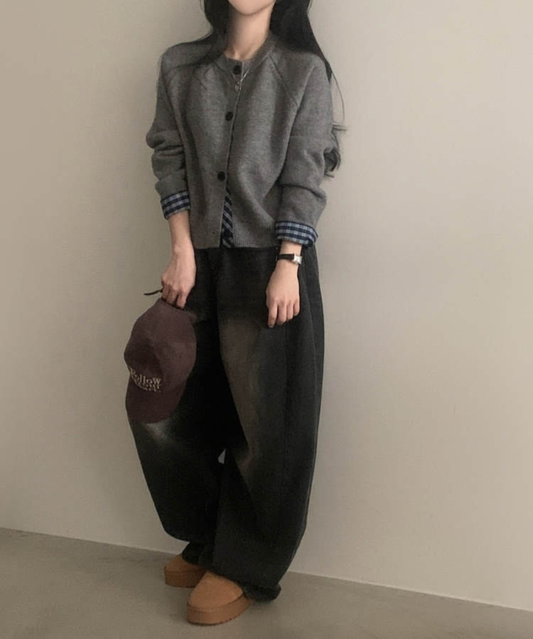 チェックレイヤードバイカラーニットカーディガン(5color) GREY