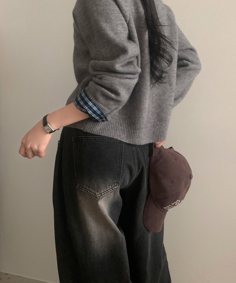 チェックレイヤードバイカラーニットカーディガン(5color) GREY