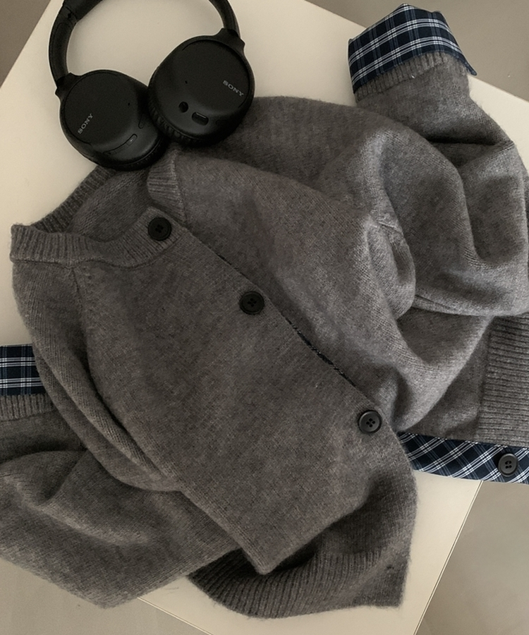 チェックレイヤードバイカラーニットカーディガン(5color) GREY