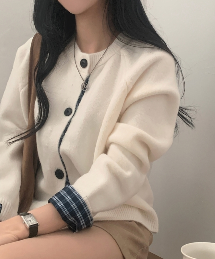 チェックレイヤードバイカラーニットカーディガン(5color) IVORY