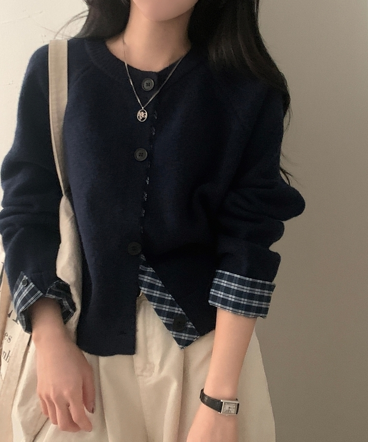 チェックレイヤードバイカラーニットカーディガン(5color) NAVY
