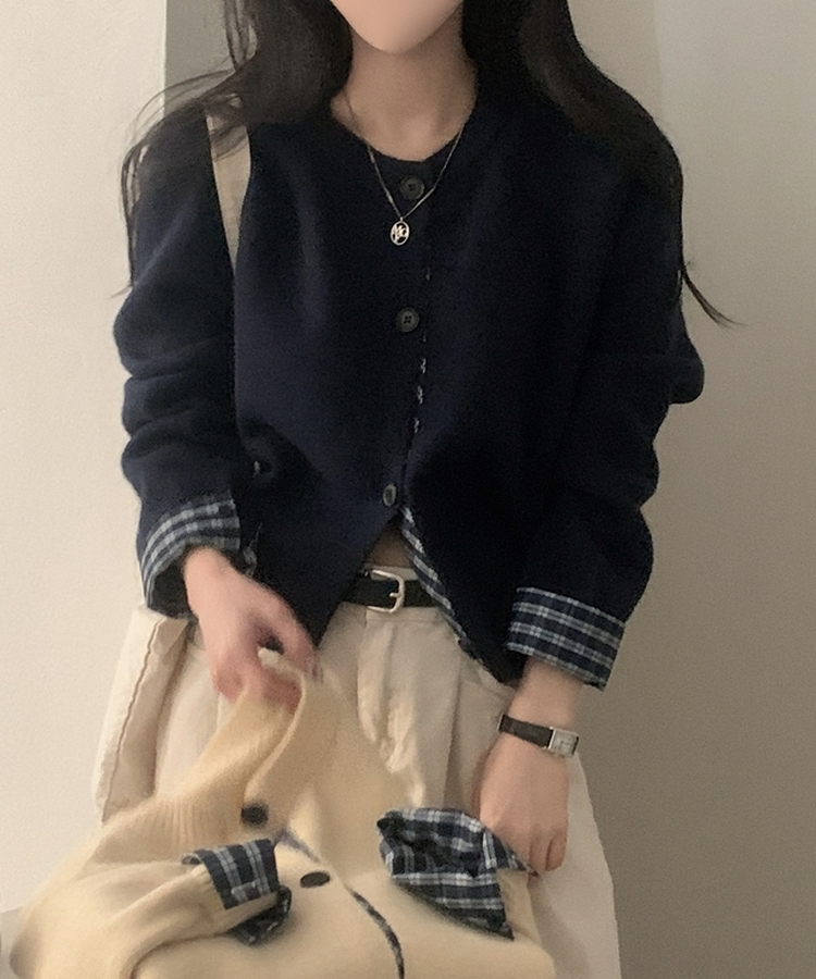 チェックレイヤードバイカラーニットカーディガン(5color) NAVY