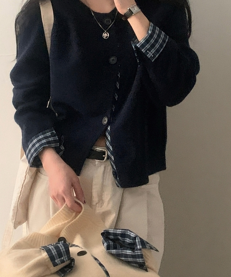 チェックレイヤードバイカラーニットカーディガン(5color) NAVY