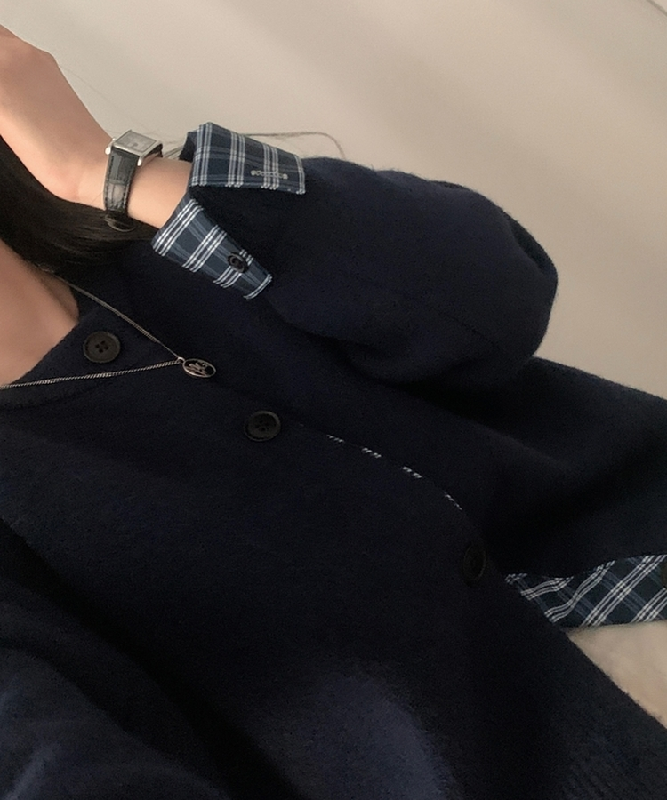 チェックレイヤードバイカラーニットカーディガン(5color) NAVY
