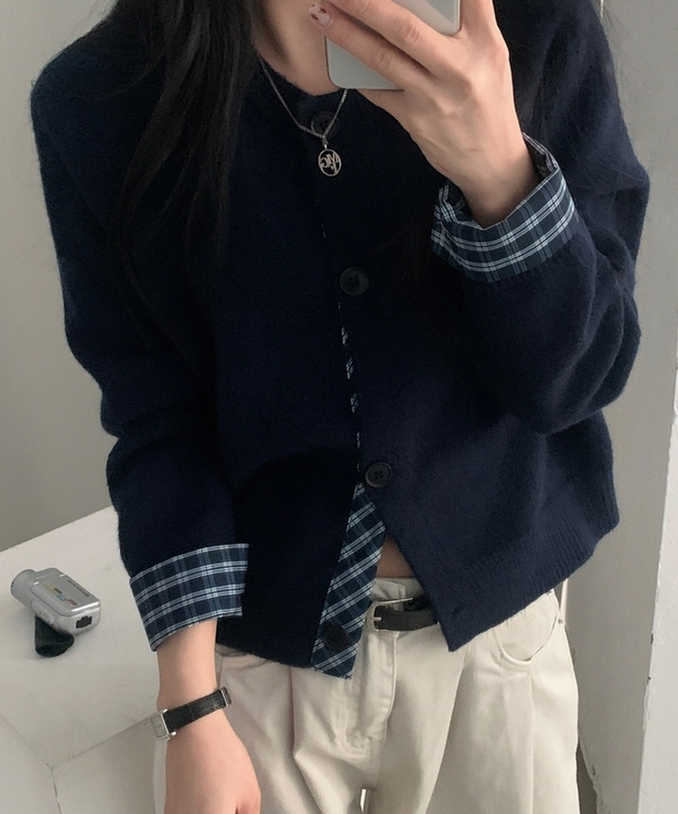 チェックレイヤードバイカラーニットカーディガン(5color) NAVY