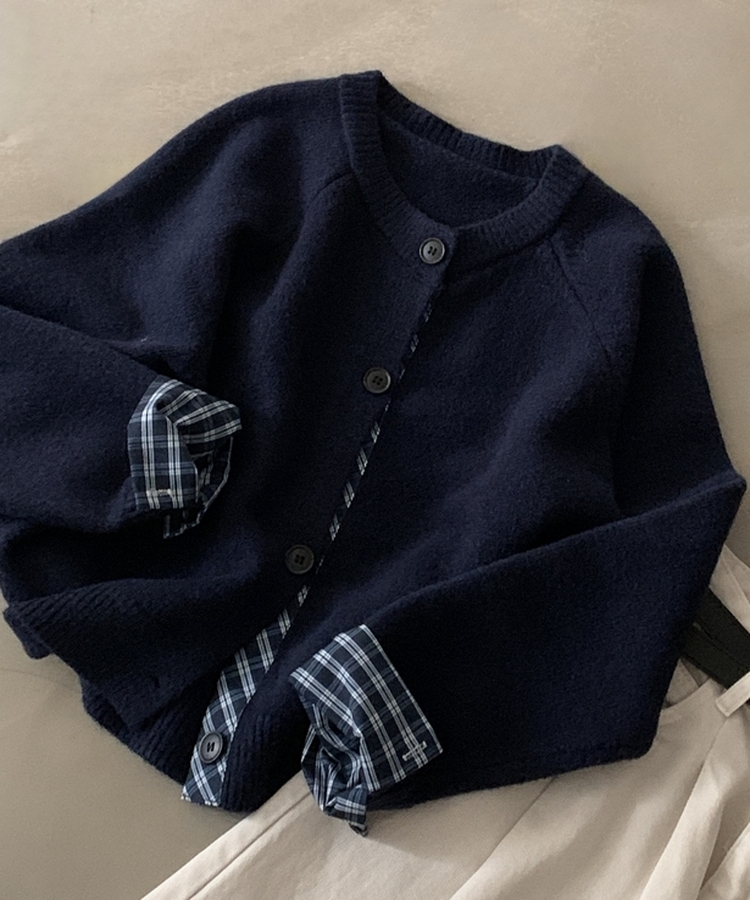 チェックレイヤードバイカラーニットカーディガン(5color) NAVY