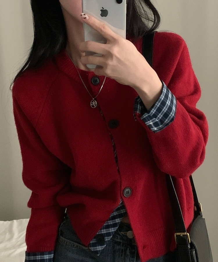 チェックレイヤードバイカラーニットカーディガン(5color) RED