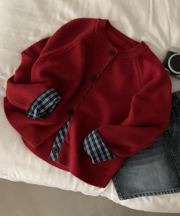 チェックレイヤードバイカラーニットカーディガン(5color) RED