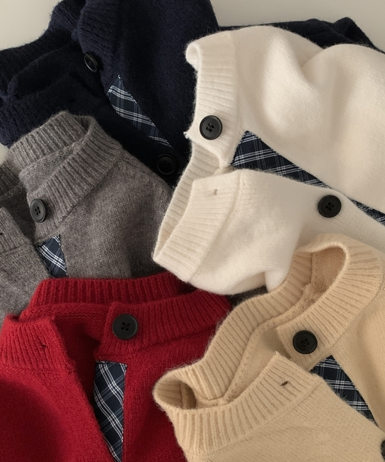 チェックレイヤードバイカラーニットカーディガン(5color)