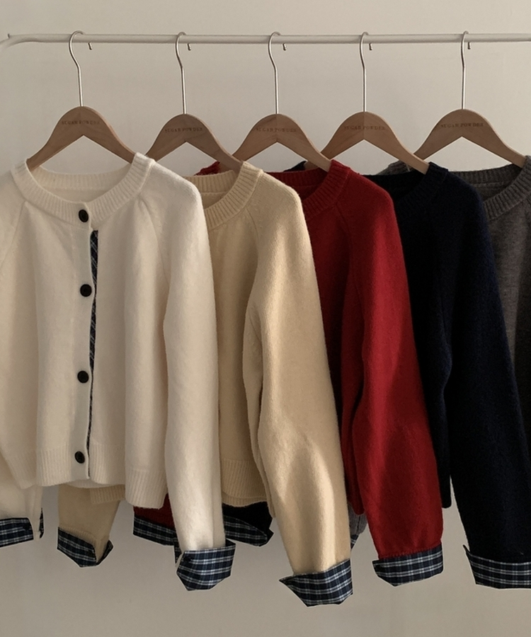 チェックレイヤードバイカラーニットカーディガン(5color)