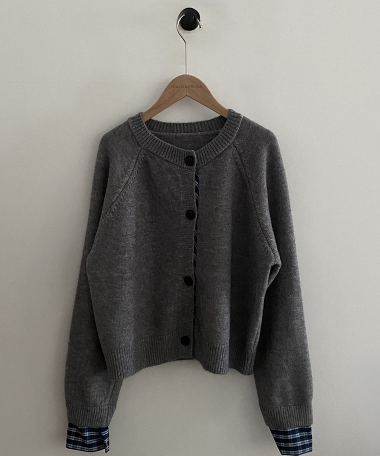 チェックレイヤードバイカラーニットカーディガン(5color)