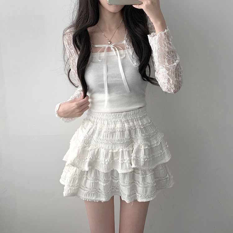 가디건품절 주문폭주감사세일 리본 플라워 시스루 볼레로 가디건휘핑 밴딩 캉캉 미니 스커트 투피스 A33