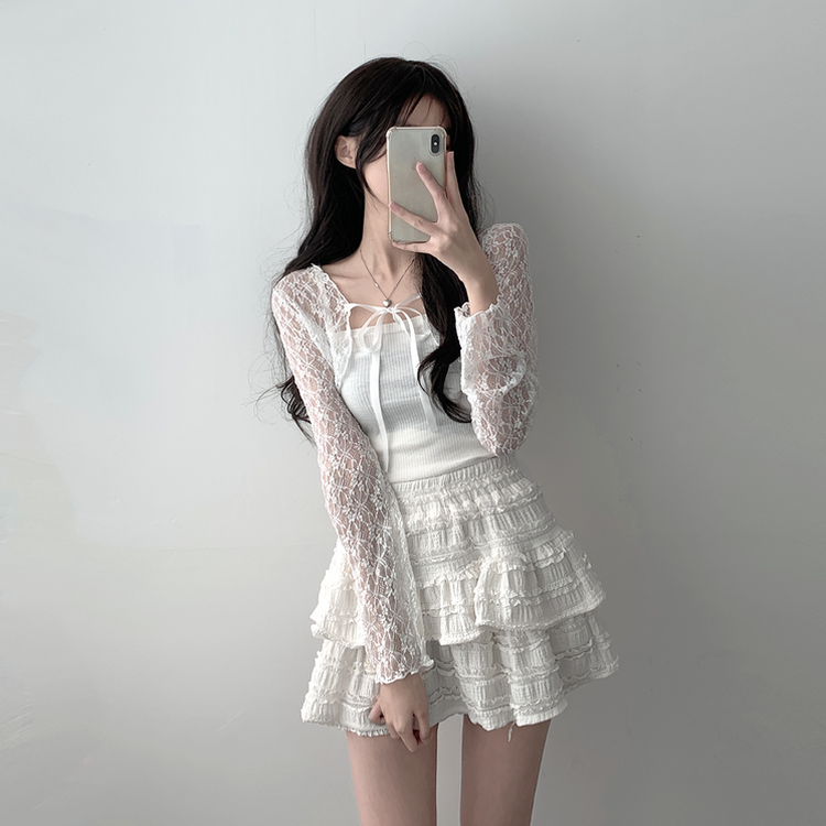 가디건품절 주문폭주감사세일 리본 플라워 시스루 볼레로 가디건휘핑 밴딩 캉캉 미니 스커트 투피스 A33