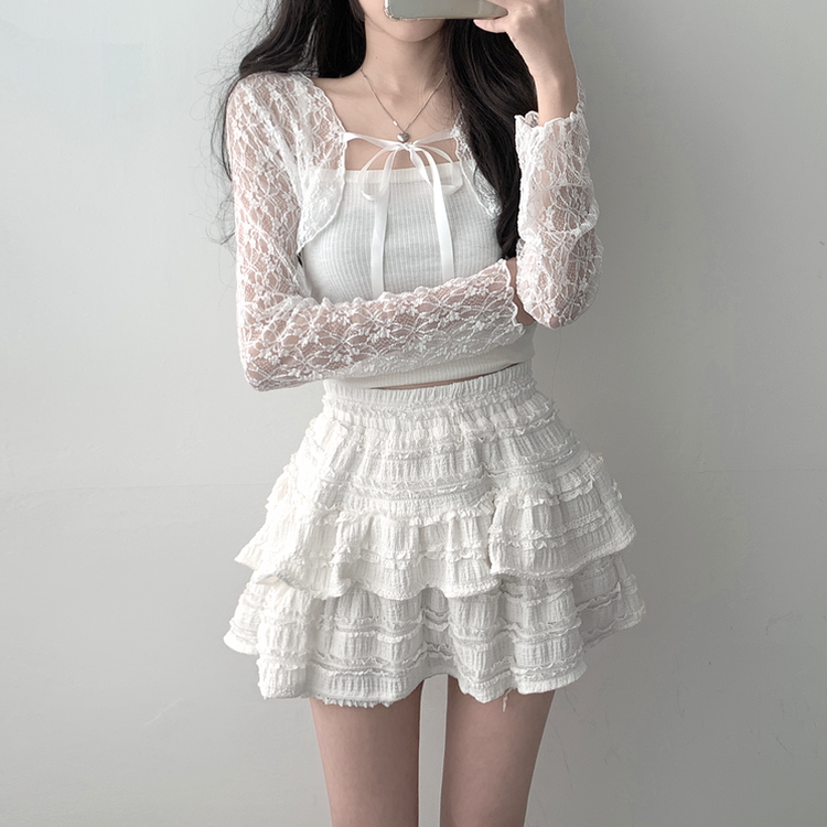 가디건품절 주문폭주감사세일 리본 플라워 시스루 볼레로 가디건휘핑 밴딩 캉캉 미니 스커트 투피스 A33