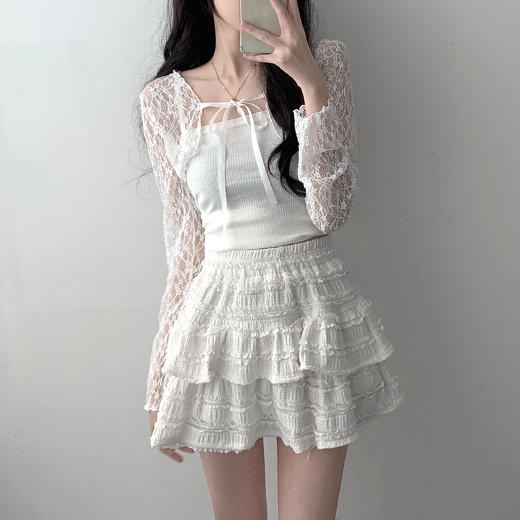 가디건품절 주문폭주감사세일 리본 플라워 시스루 볼레로 가디건휘핑 밴딩 캉캉 미니 스커트 투피스 A33